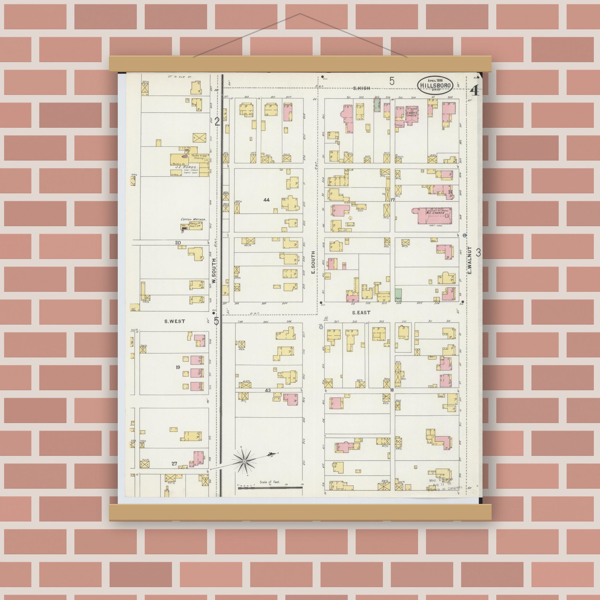 Old map wall art mockup — magnetic wood frame on brick wall — Sanborn Fire Insurance Map from Hillsboro, Highland County, Ohio (1898), Sheet #0004