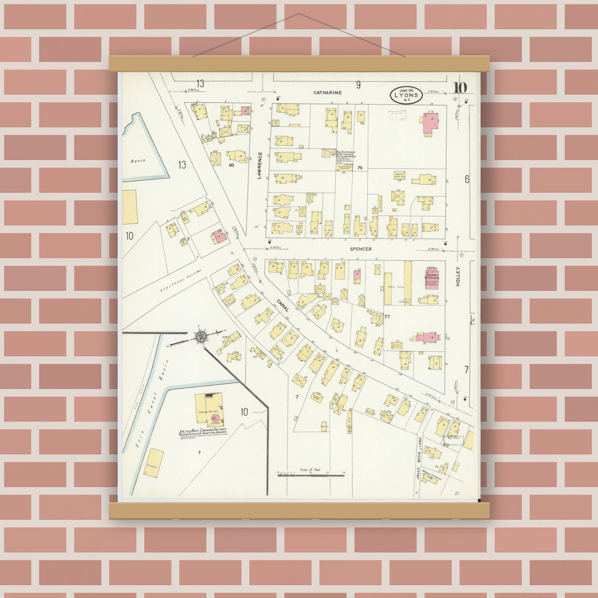 Old map wall art mockup — magnetic wood frame on brick wall — Sanborn Fire Insurance Map from Lyons, Wayne County, New York (1911), Sheet #0010