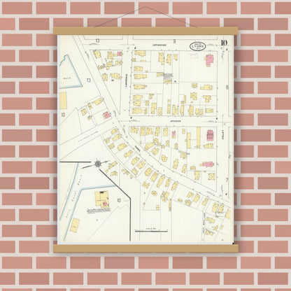 Old map wall art mockup — magnetic wood frame on brick wall — Sanborn Fire Insurance Map from Lyons, Wayne County, New York (1911), Sheet #0010