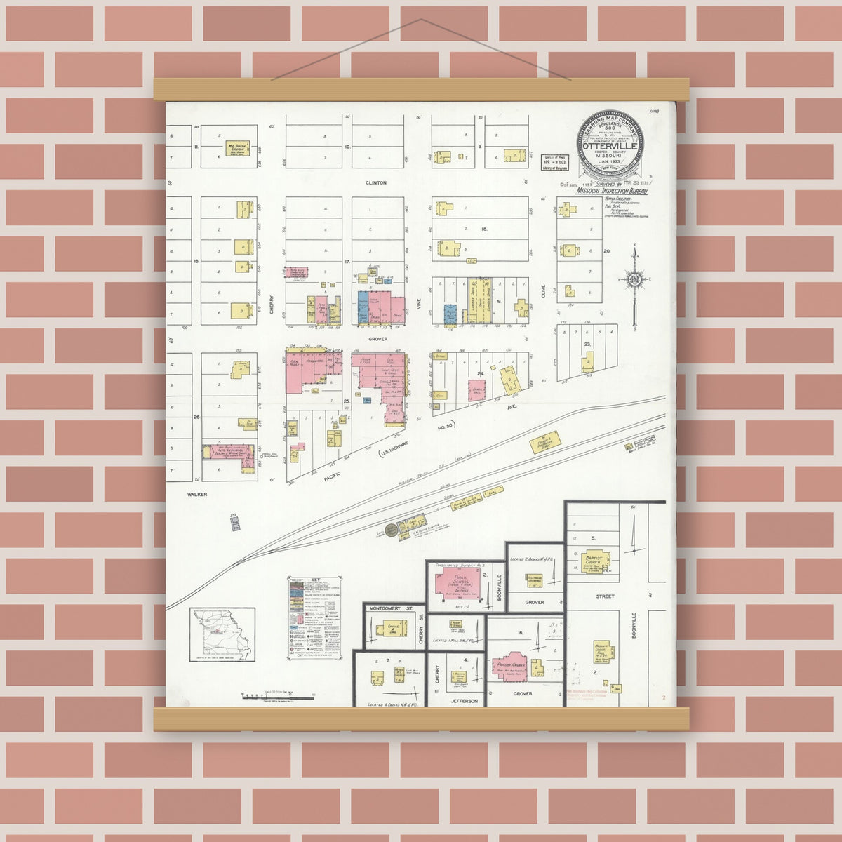 Old map wall art mockup — magnetic wood frame on brick wall — Sanborn Fire Insurance Map from Otterville, Cooper County, Missouri (1933), Sheet #0001