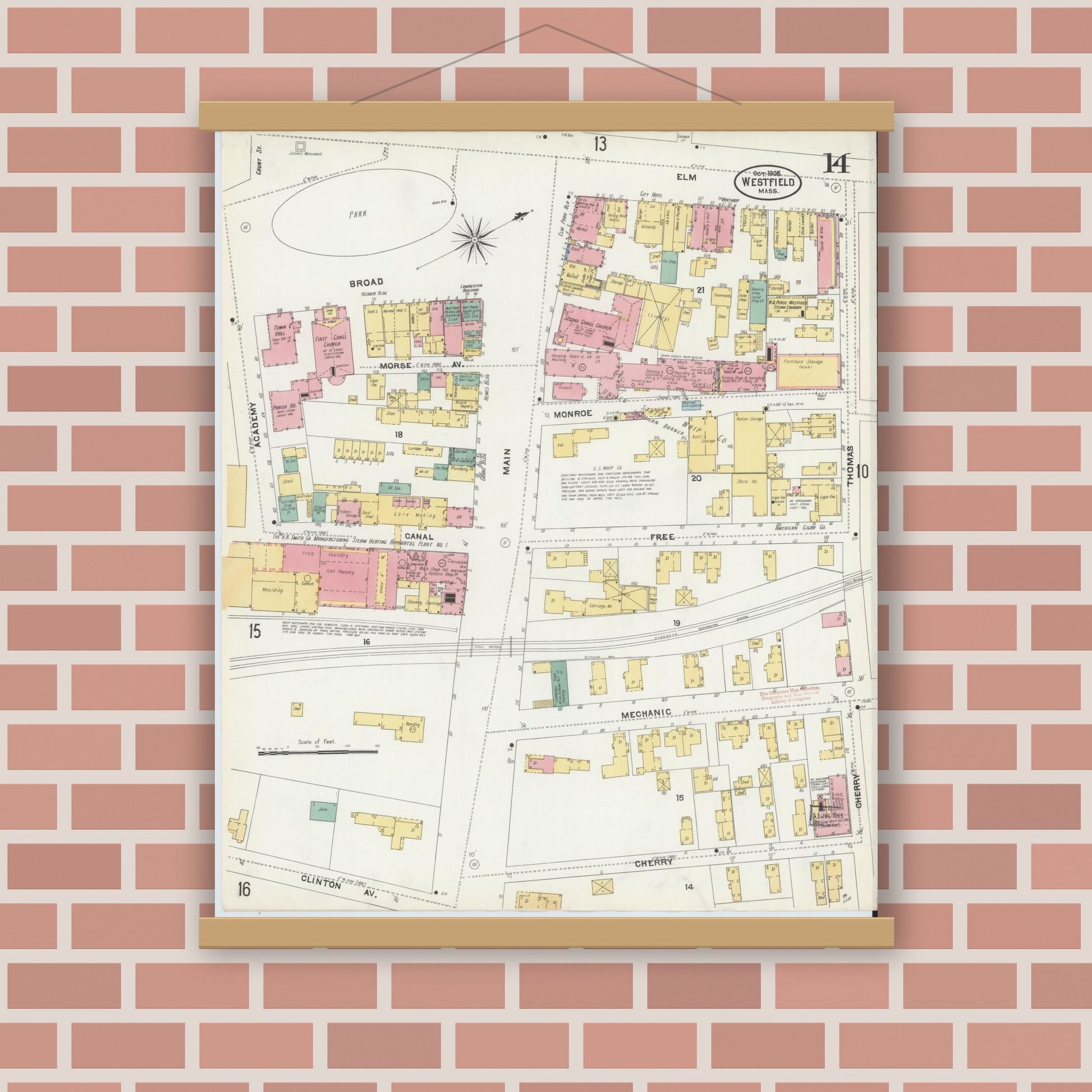 Old map wall art mockup — magnetic wood frame on brick wall — Sanborn Fire Insurance Map from Westfield, Hampden County, Massachusetts (1905), Sheet #0014