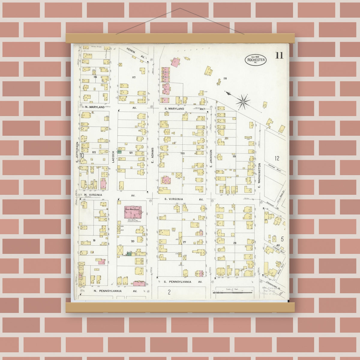 Old map wall art mockup — magnetic wood frame on brick wall — Sanborn Fire Insurance Map from Rochester, Beaver County, Pennsylvania (1908), Sheet #0011