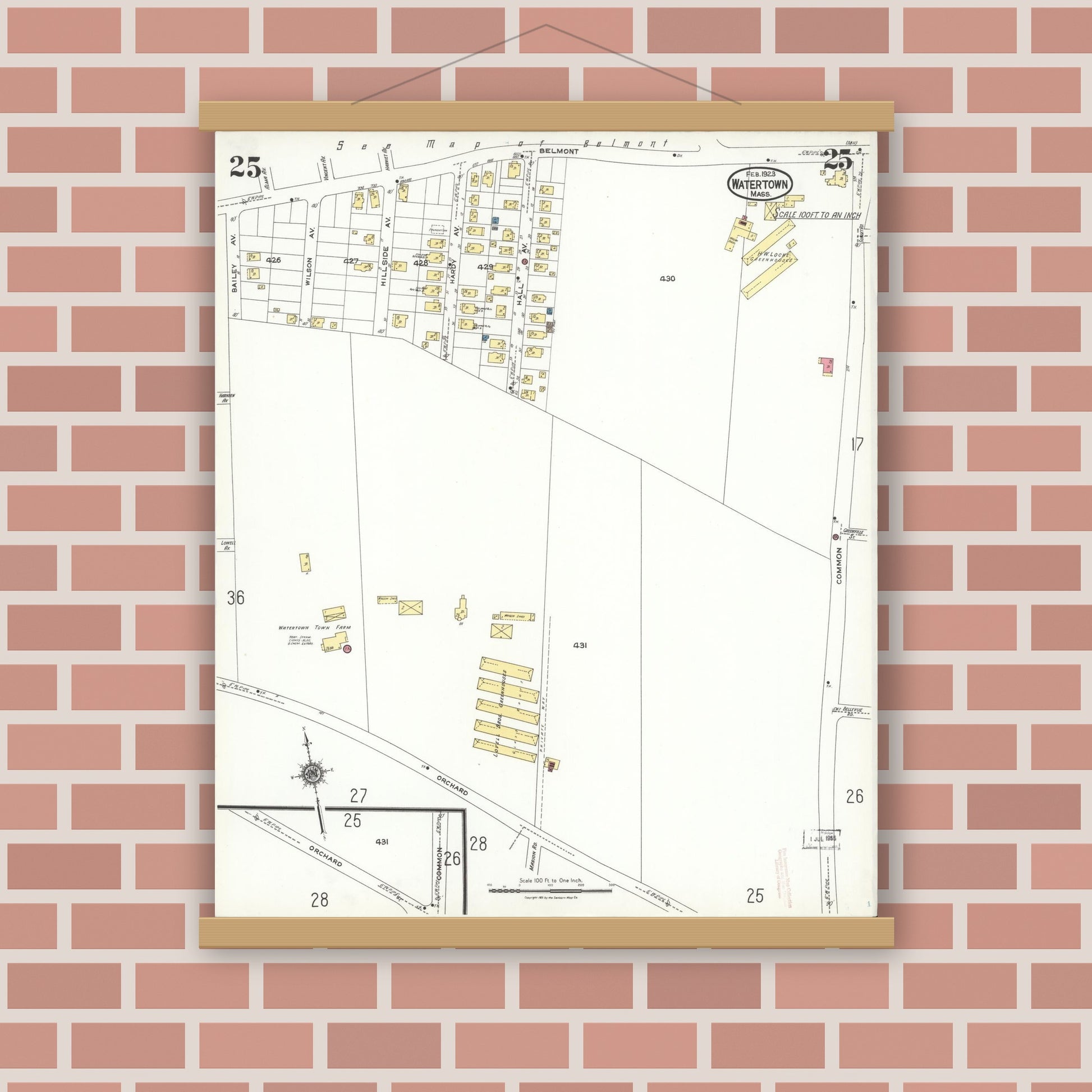 Old map wall art mockup — magnetic wood frame on brick wall — Sanborn Fire Insurance Map from Watertown, Middlesex County, Massachusetts (1923), Sheet #0025
