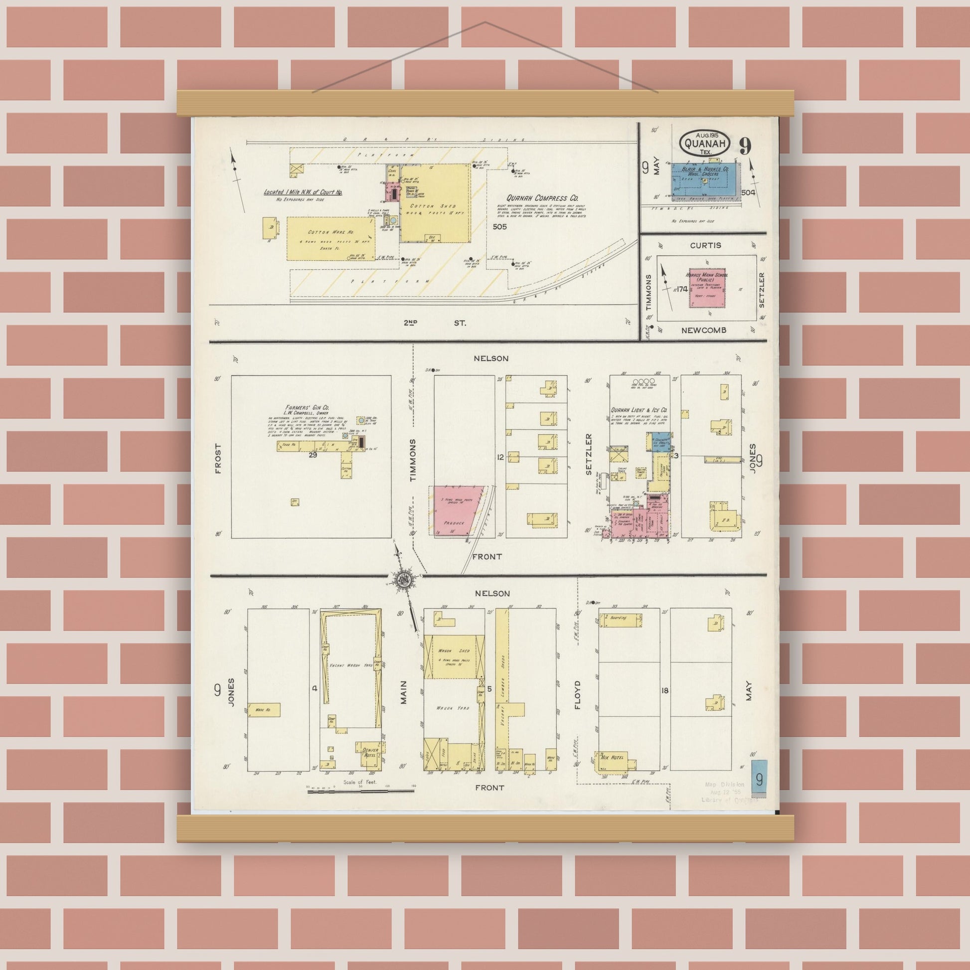 Old map wall art mockup — magnetic wood frame on brick wall — Sanborn Fire Insurance Map from Quanah, Hardeman County, Texas (1915), Sheet #0009