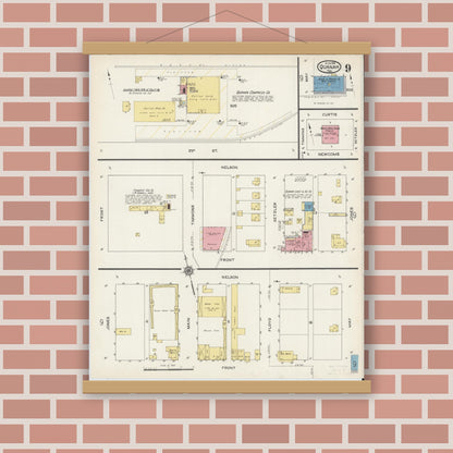 Old map wall art mockup — magnetic wood frame on brick wall — Sanborn Fire Insurance Map from Quanah, Hardeman County, Texas (1915), Sheet #0009