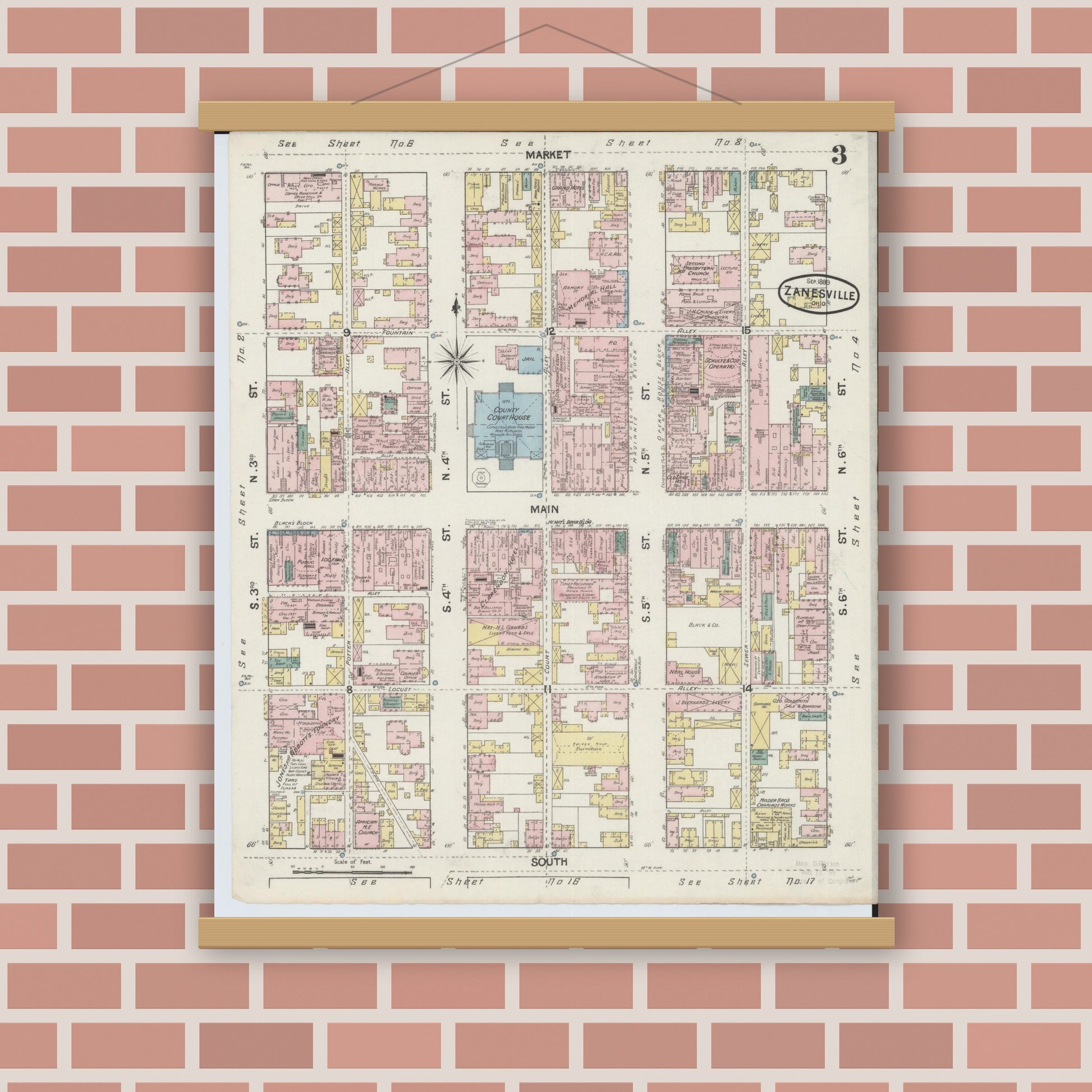 Old map wall art mockup — magnetic wood frame on brick wall — Sanborn Fire Insurance Map from Zanesville, Muskingum County, Ohio (1889), Sheet #0003