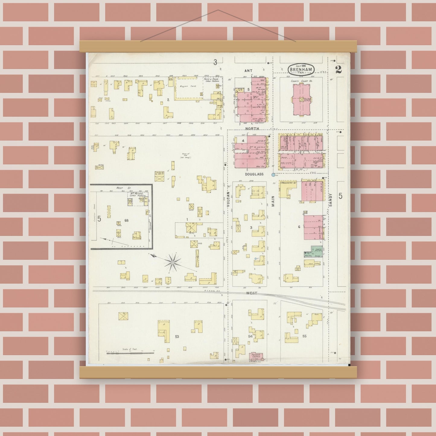 Old map wall art mockup — magnetic wood frame on brick wall — Sanborn Fire Insurance Map from Brenham, Washington County, Texas (1896), Sheet #0002