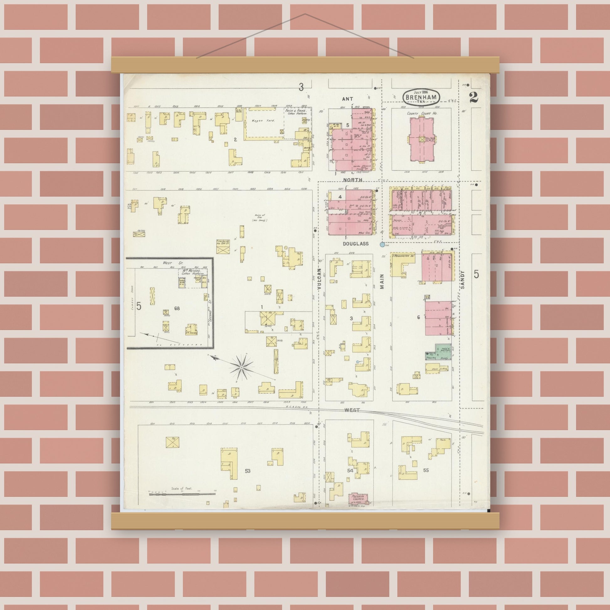 Old map wall art mockup — magnetic wood frame on brick wall — Sanborn Fire Insurance Map from Brenham, Washington County, Texas (1896), Sheet #0002