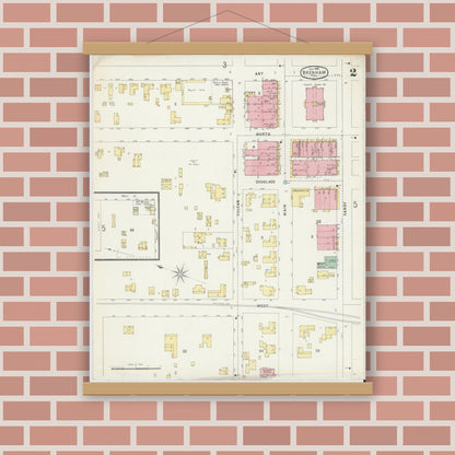 Old map wall art mockup — magnetic wood frame on brick wall — Sanborn Fire Insurance Map from Brenham, Washington County, Texas (1896), Sheet #0002