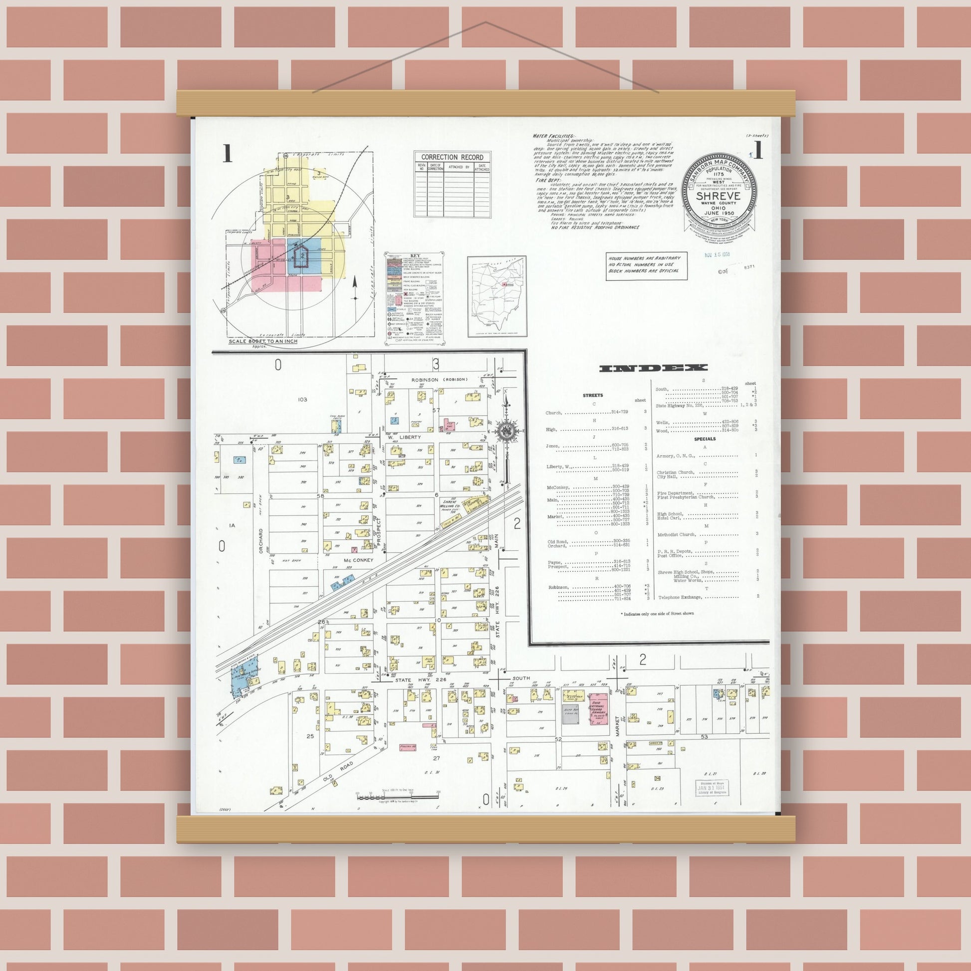 Old map wall art mockup — magnetic wood frame on brick wall — Sanborn Fire Insurance Map from Shreve, Wayne County, Ohio (1950) - Complete Map Set