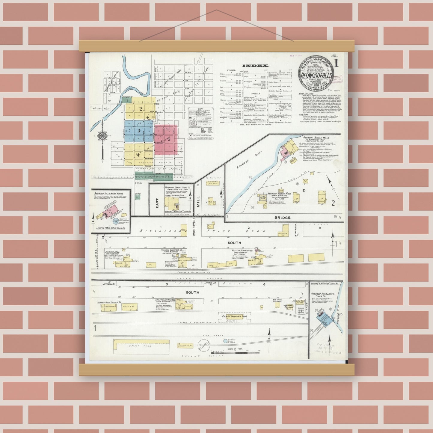 Old map wall art mockup — magnetic wood frame on brick wall — Sanborn Fire Insurance Map from Redwood Falls, Redwood County, Minnesota (1909) - Complete Map Set