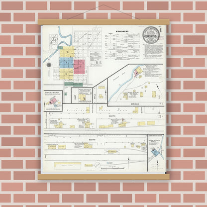 Old map wall art mockup — magnetic wood frame on brick wall — Sanborn Fire Insurance Map from Redwood Falls, Redwood County, Minnesota (1909) - Complete Map Set