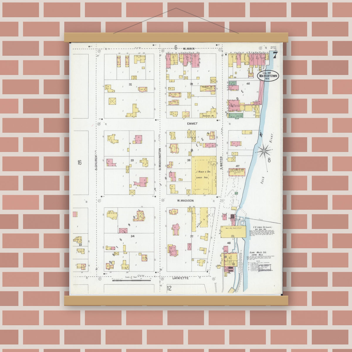 Old map wall art mockup — magnetic wood frame on brick wall — Sanborn Fire Insurance Map from Watertown, Jefferson County, Wisconsin (1901), Sheet #0007