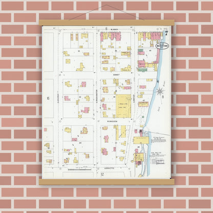 Old map wall art mockup — magnetic wood frame on brick wall — Sanborn Fire Insurance Map from Watertown, Jefferson County, Wisconsin (1901), Sheet #0007