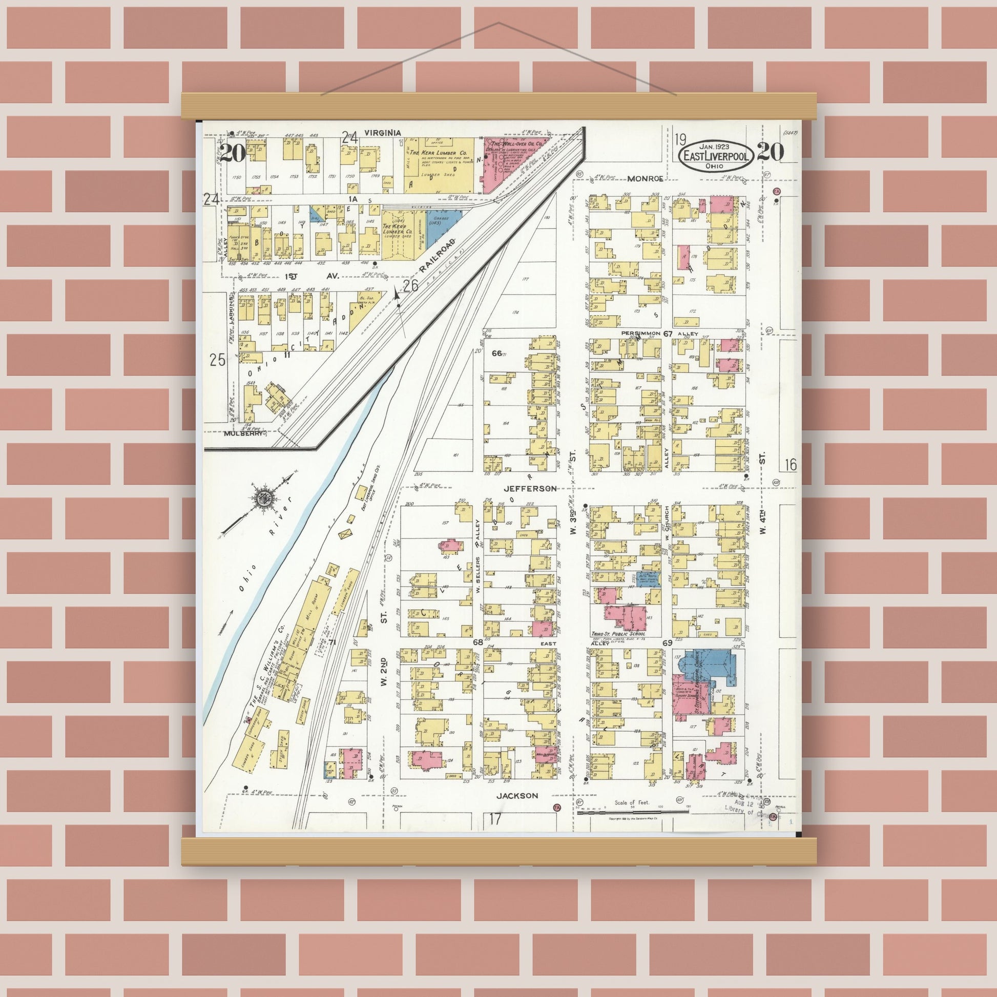 Old map wall art mockup — magnetic wood frame on brick wall — Sanborn Fire Insurance Map from East Liverpool, Columbiana County, Ohio (1923), Sheet #0020