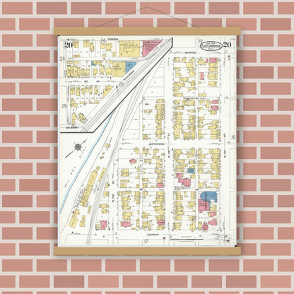 Old map wall art mockup — magnetic wood frame on brick wall — Sanborn Fire Insurance Map from East Liverpool, Columbiana County, Ohio (1923), Sheet #0020
