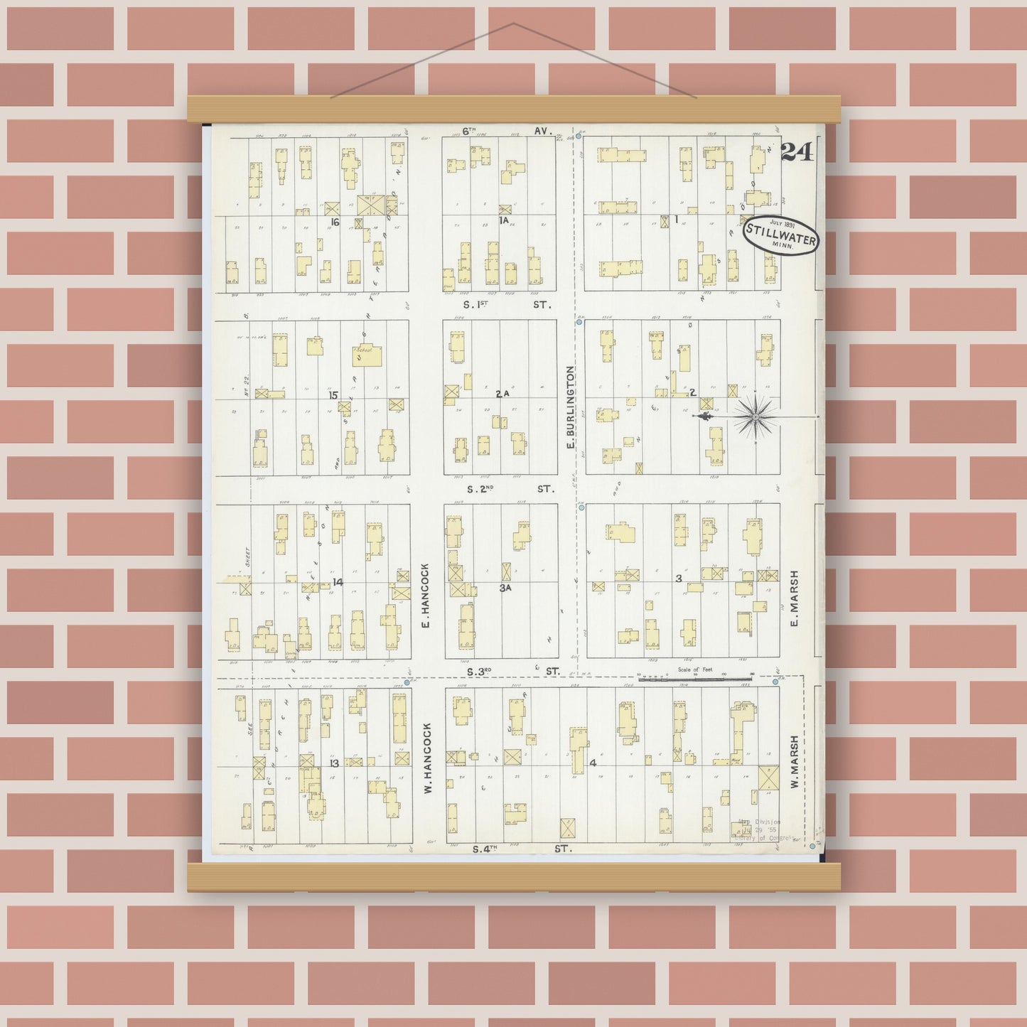 Old map wall art mockup — magnetic wood frame on brick wall — Sanborn Fire Insurance Map from Stillwater, Washington County, Minnesota (1891), Sheet #0024