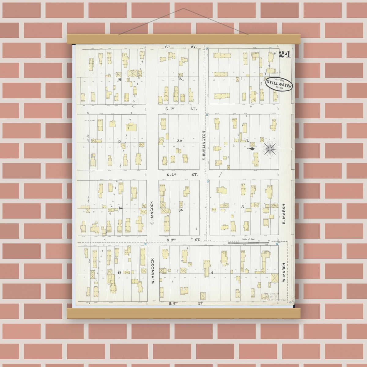Old map wall art mockup — magnetic wood frame on brick wall — Sanborn Fire Insurance Map from Stillwater, Washington County, Minnesota (1891), Sheet #0024