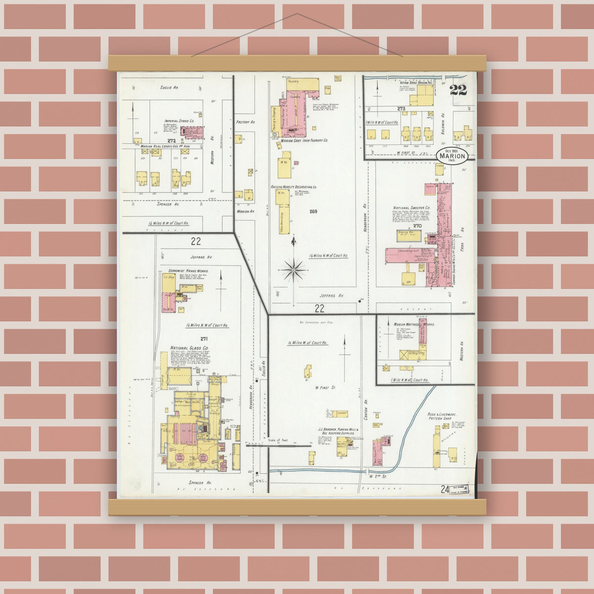 Old map wall art mockup — magnetic wood frame on brick wall — Sanborn Fire Insurance Map from Marion, Grant County, Indiana (1901), Sheet #0022