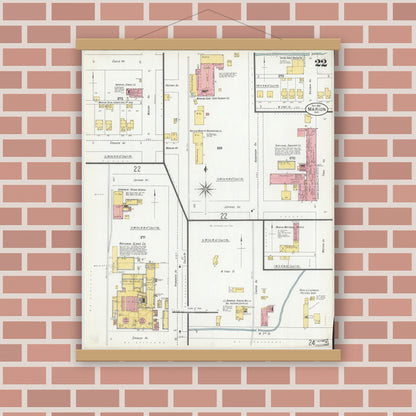 Old map wall art mockup — magnetic wood frame on brick wall — Sanborn Fire Insurance Map from Marion, Grant County, Indiana (1901), Sheet #0022