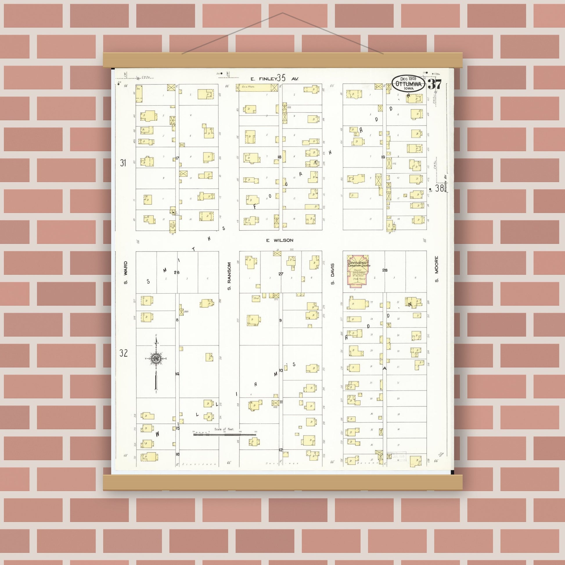 Old map wall art mockup — magnetic wood frame on brick wall — Sanborn Fire Insurance Map from Ottumwa, Wapello County, Iowa (1909), Sheet #0037