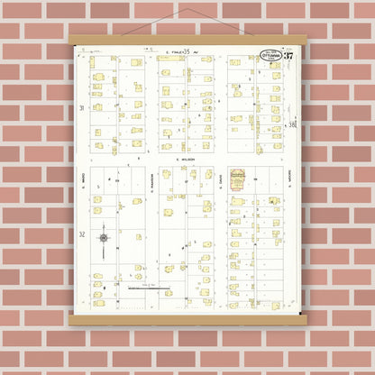 Old map wall art mockup — magnetic wood frame on brick wall — Sanborn Fire Insurance Map from Ottumwa, Wapello County, Iowa (1909), Sheet #0037