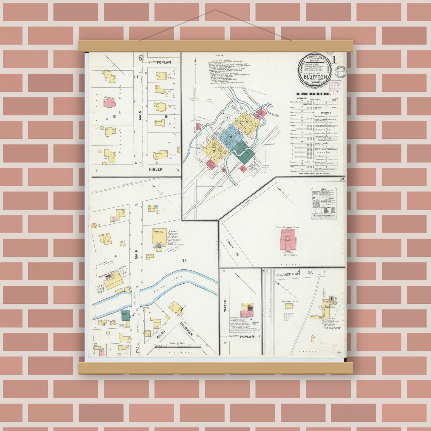 Old map wall art mockup — magnetic wood frame on brick wall — Sanborn Fire Insurance Map from Bluffton, Allen County, Ohio (1901) - Complete Map Set