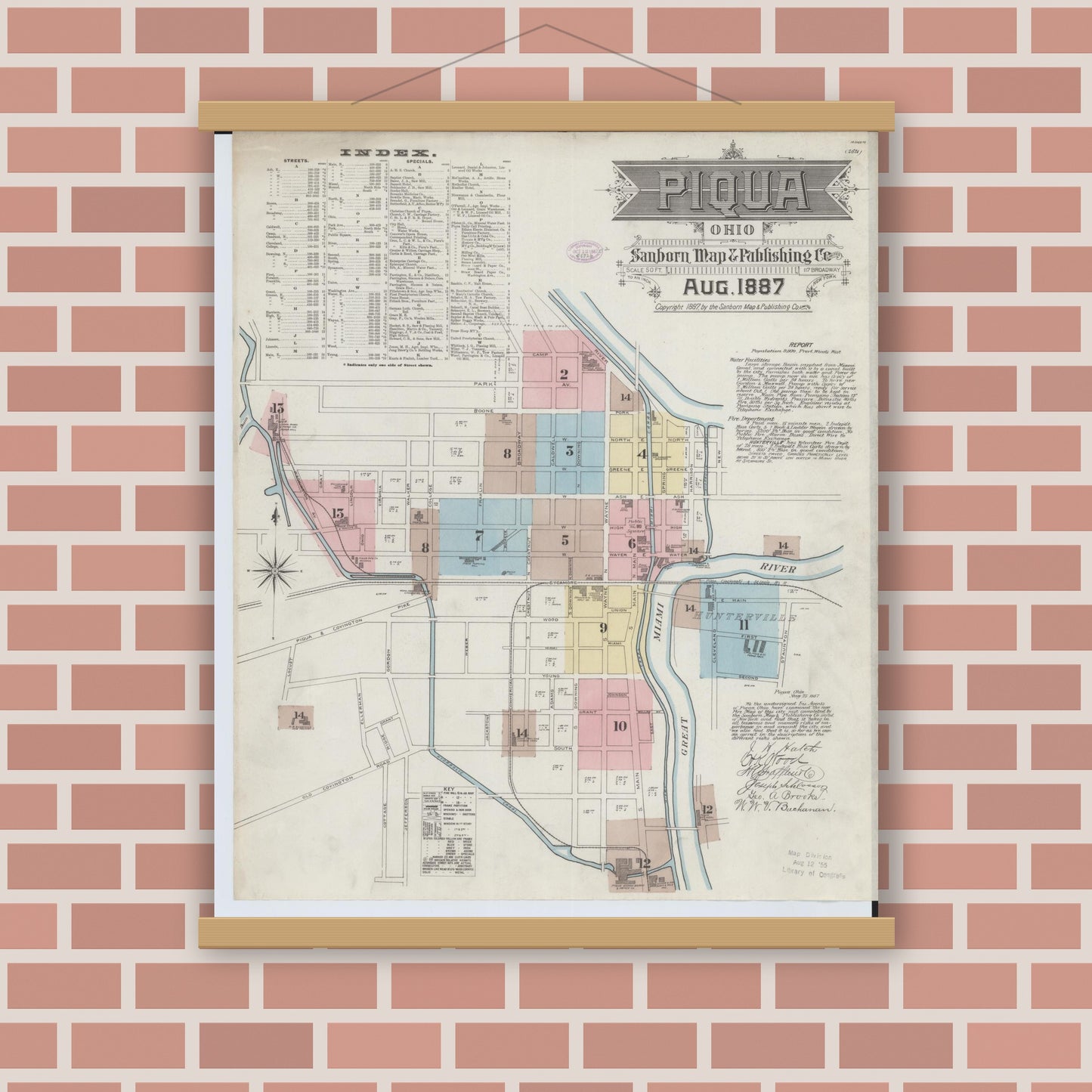 Old map wall art mockup — magnetic wood frame on brick wall — Sanborn Fire Insurance Map from Piqua, Miami County, Ohio (1887) - Complete Map Set