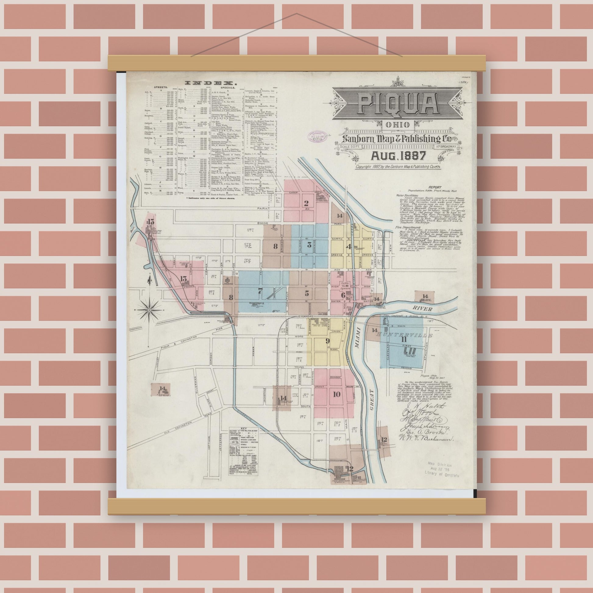 Old map wall art mockup — magnetic wood frame on brick wall — Sanborn Fire Insurance Map from Piqua, Miami County, Ohio (1887) - Complete Map Set
