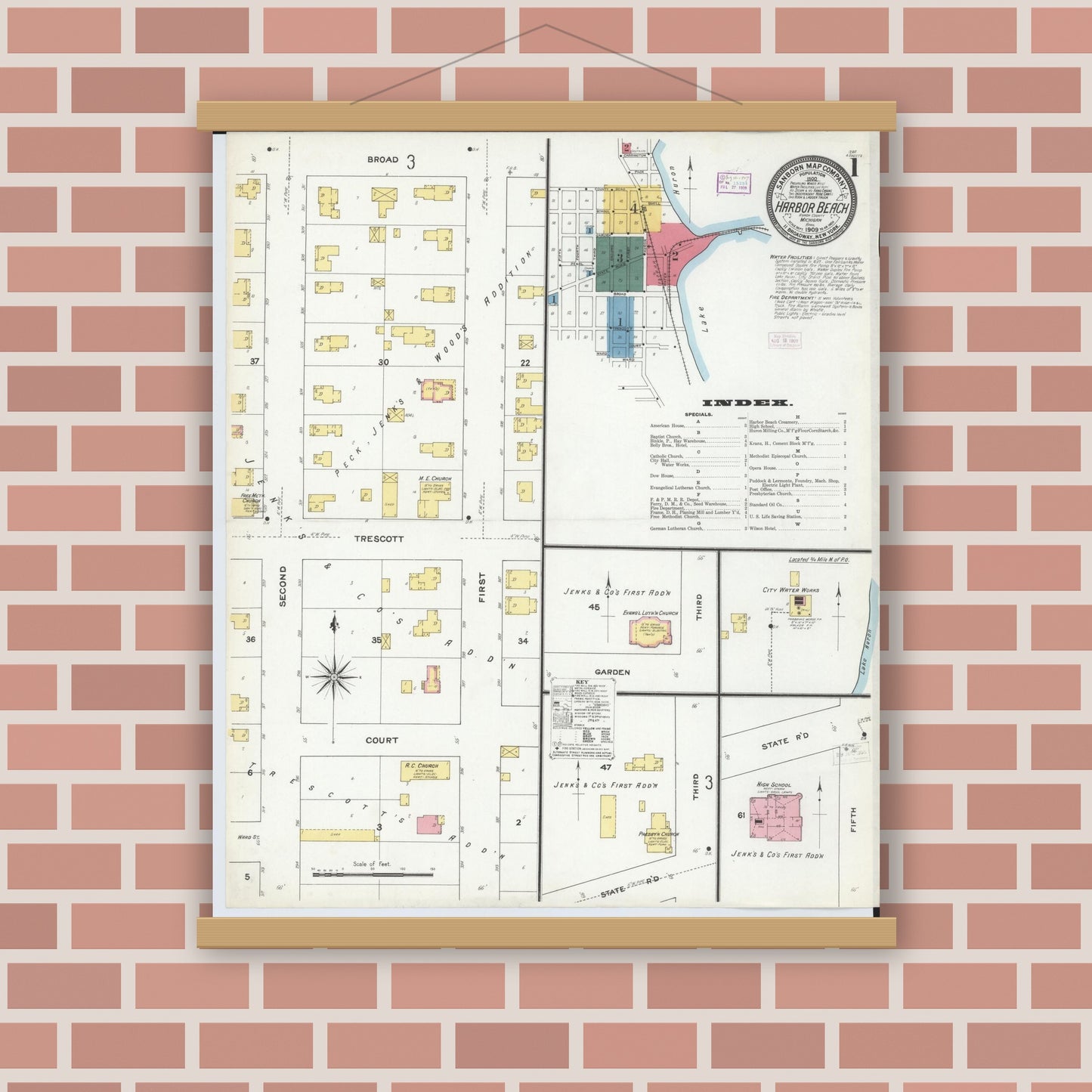 Old map wall art mockup — magnetic wood frame on brick wall — Sanborn Fire Insurance Map from Harbor Beach, Huron County, Michigan (1909) - Complete Map Set