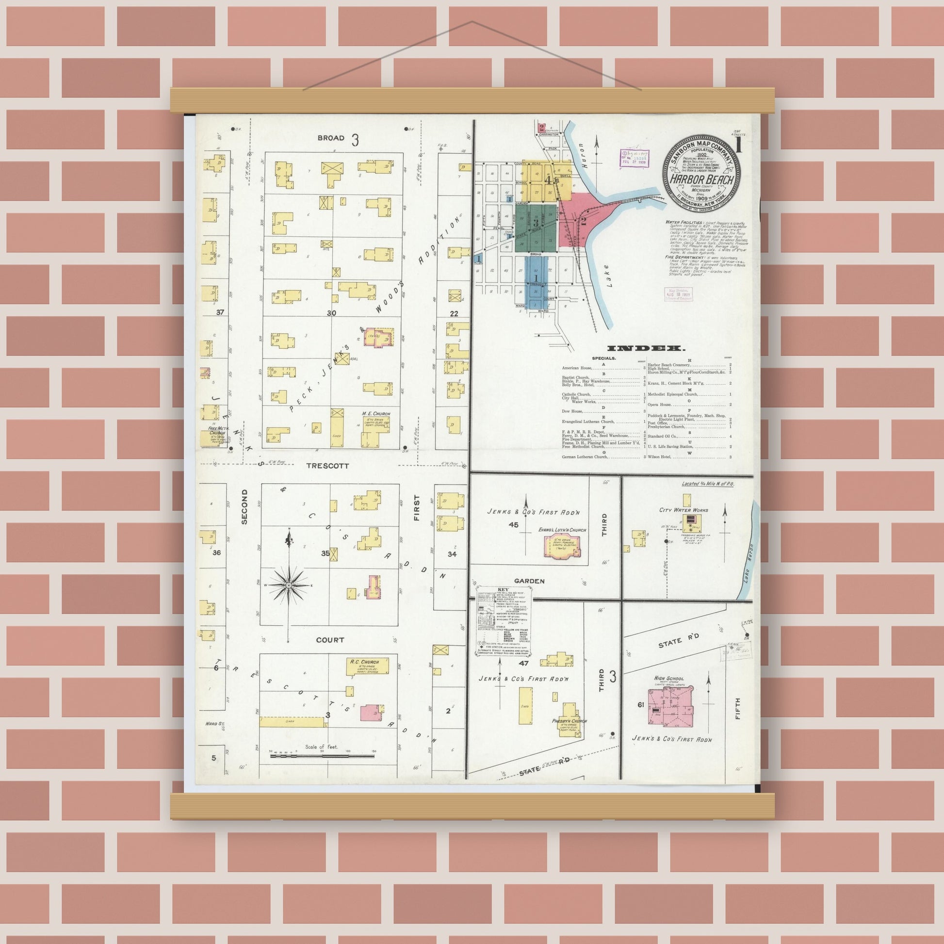 Old map wall art mockup — magnetic wood frame on brick wall — Sanborn Fire Insurance Map from Harbor Beach, Huron County, Michigan (1909) - Complete Map Set