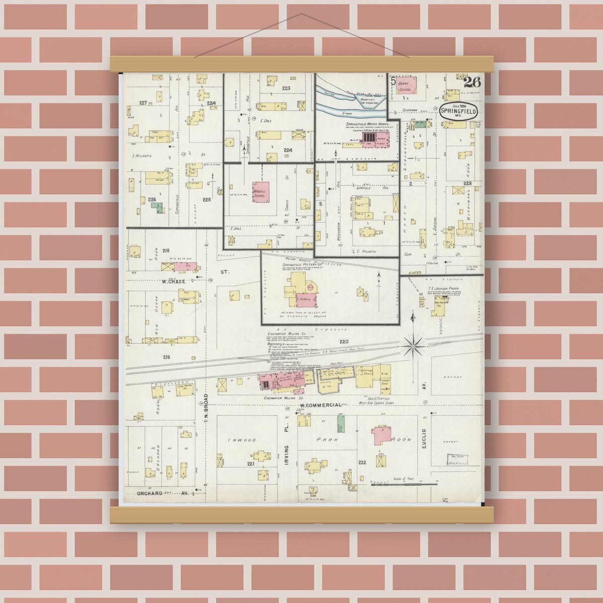 Old map wall art mockup — magnetic wood frame on brick wall — Sanborn Fire Insurance Map from Springfield, Greene County, Missouri (1896), Sheet #0026