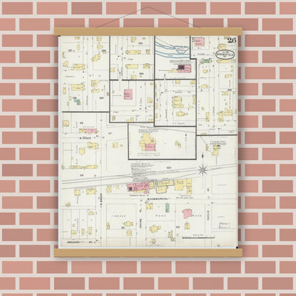 Old map wall art mockup — magnetic wood frame on brick wall — Sanborn Fire Insurance Map from Springfield, Greene County, Missouri (1896), Sheet #0026