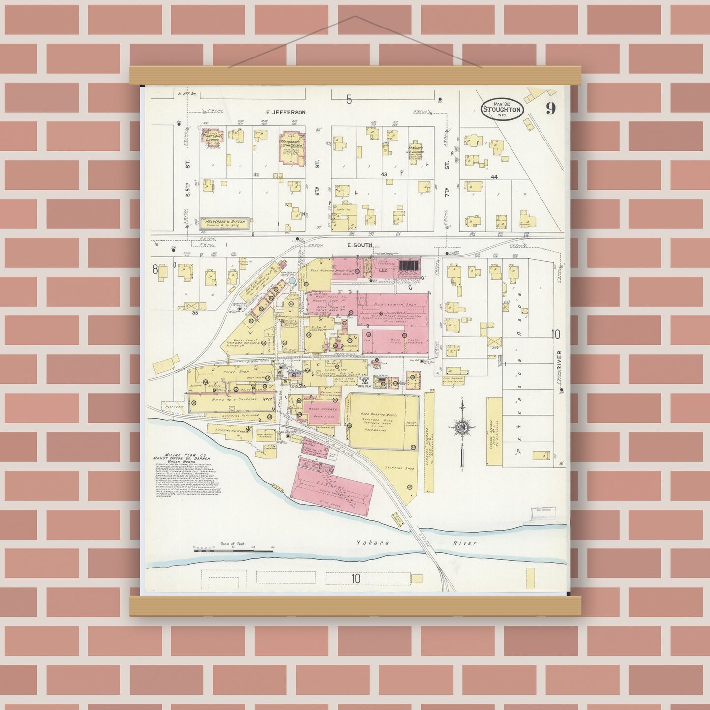 Old map wall art mockup — magnetic wood frame on brick wall — Sanborn Fire Insurance Map from Stoughton, Dane County, Wisconsin (1912), Sheet #0009