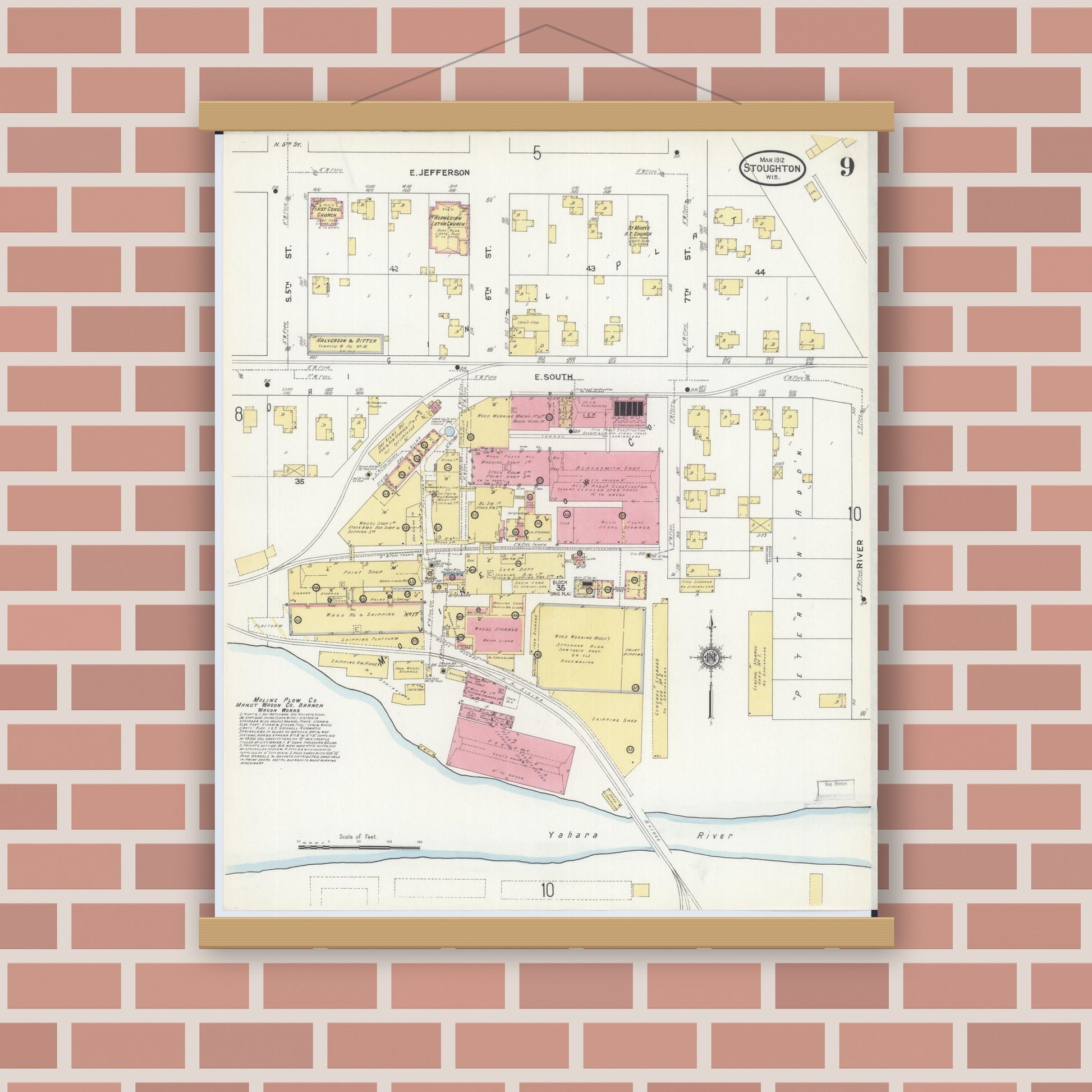 Old map wall art mockup — magnetic wood frame on brick wall — Sanborn Fire Insurance Map from Stoughton, Dane County, Wisconsin (1912), Sheet #0009