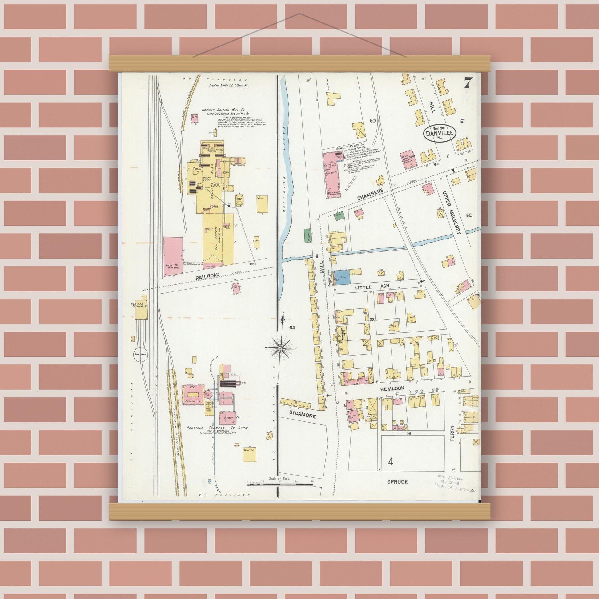 Old map wall art mockup — magnetic wood frame on brick wall — Sanborn Fire Insurance Map from Danville, Montour County, Pennsylvania (1901), Sheet #0007