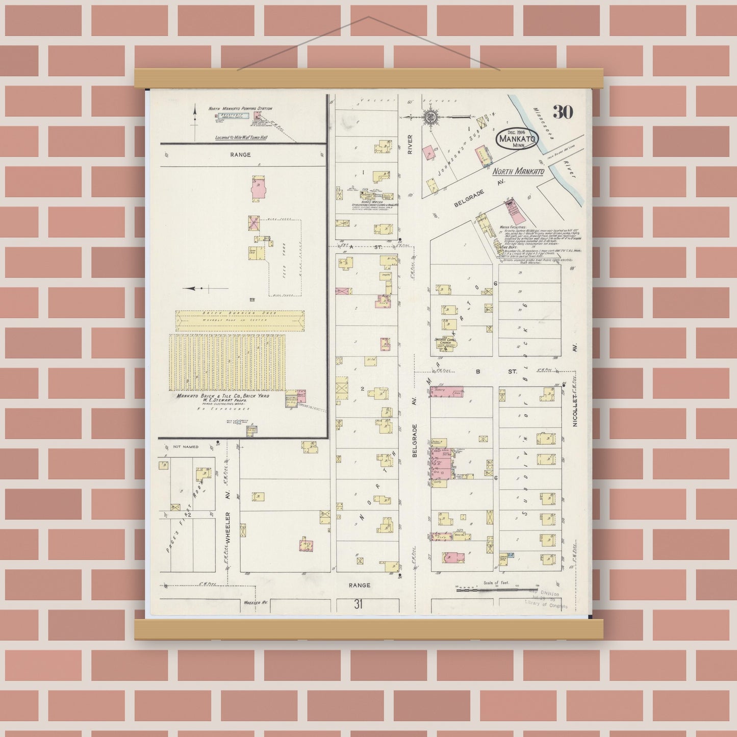 Old map wall art mockup — magnetic wood frame on brick wall — Sanborn Fire Insurance Map from Mankato, Blue Earth County, Minnesota (1914), Sheet #0030