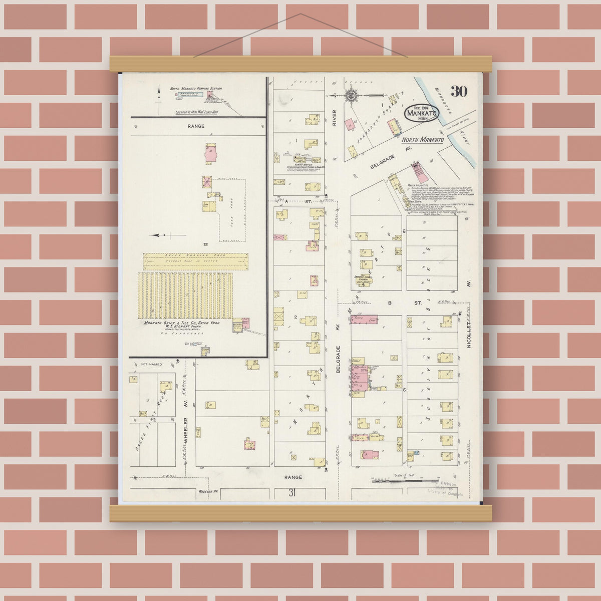 Old map wall art mockup — magnetic wood frame on brick wall — Sanborn Fire Insurance Map from Mankato, Blue Earth County, Minnesota (1914), Sheet #0030