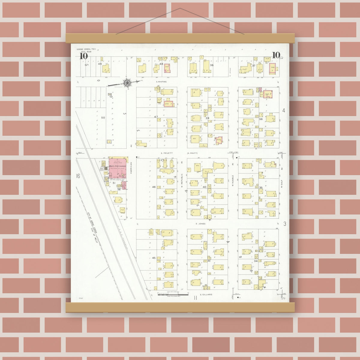 Old map wall art mockup — magnetic wood frame on brick wall — Sanborn Fire Insurance Map from Goose Creek, Harris County, Texas (1939), Sheet #0010