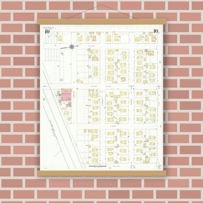Old map wall art mockup — magnetic wood frame on brick wall — Sanborn Fire Insurance Map from Goose Creek, Harris County, Texas (1939), Sheet #0010