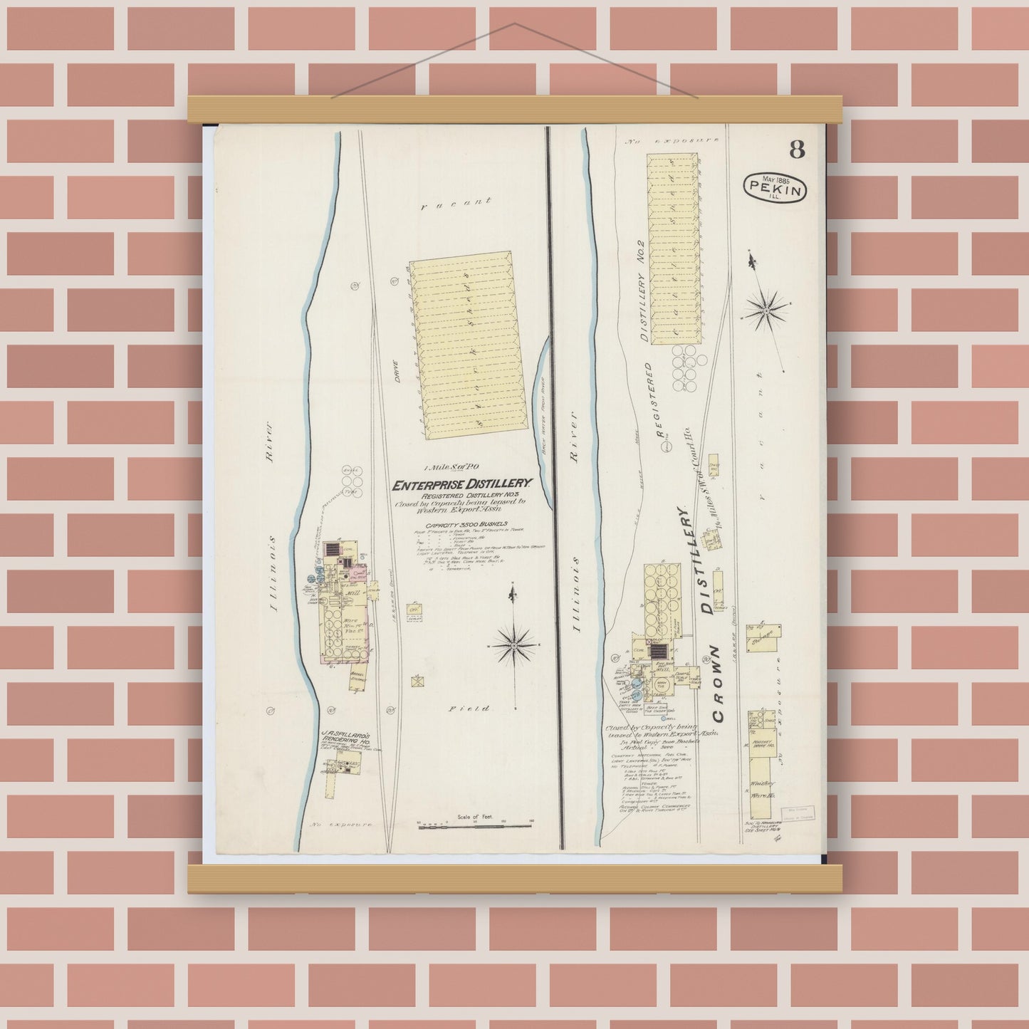 Old map wall art mockup — magnetic wood frame on brick wall — Sanborn Fire Insurance Map from Pekin, Tazewell County, Illinois (1885), Sheet #0008