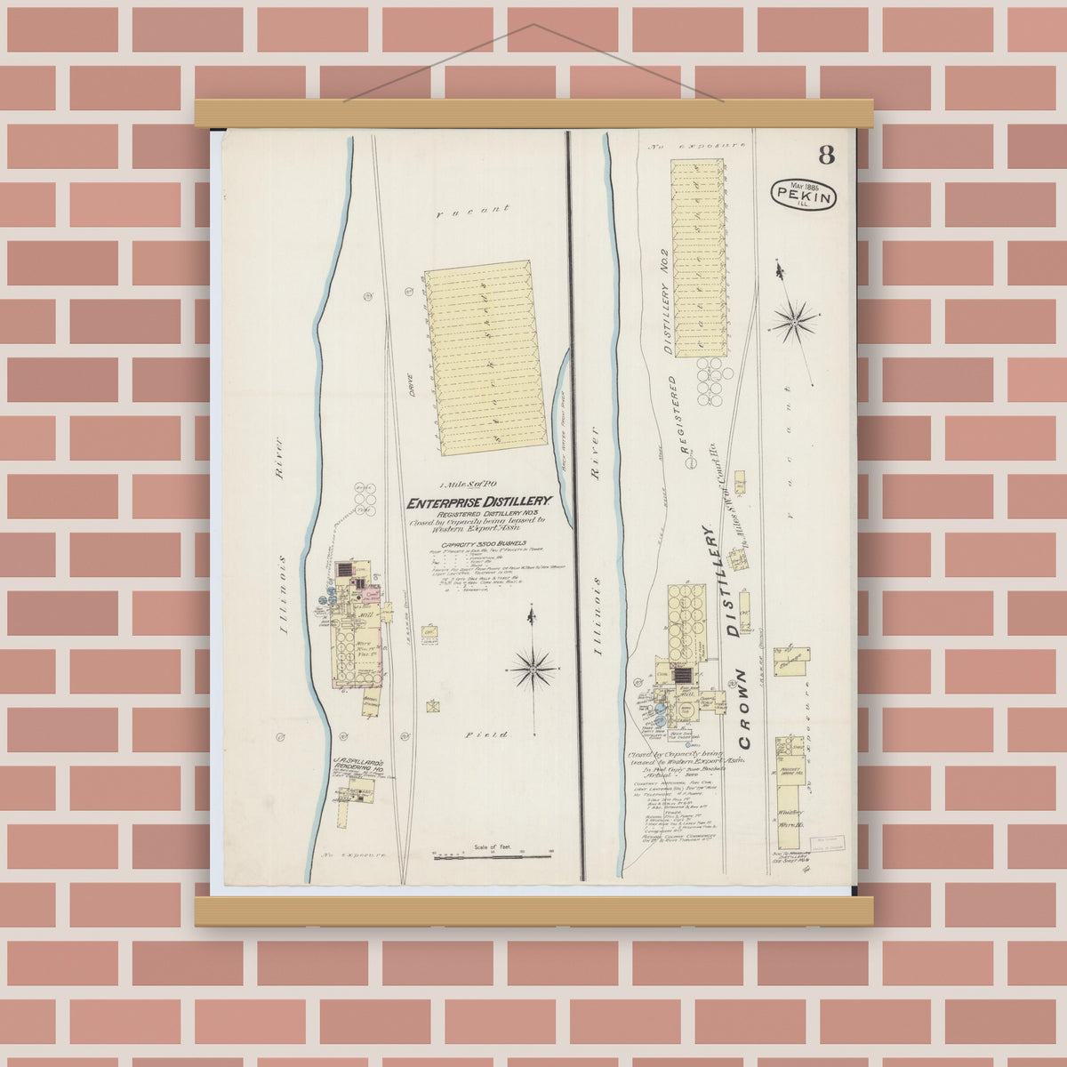 Old map wall art mockup — magnetic wood frame on brick wall — Sanborn Fire Insurance Map from Pekin, Tazewell County, Illinois (1885), Sheet #0008