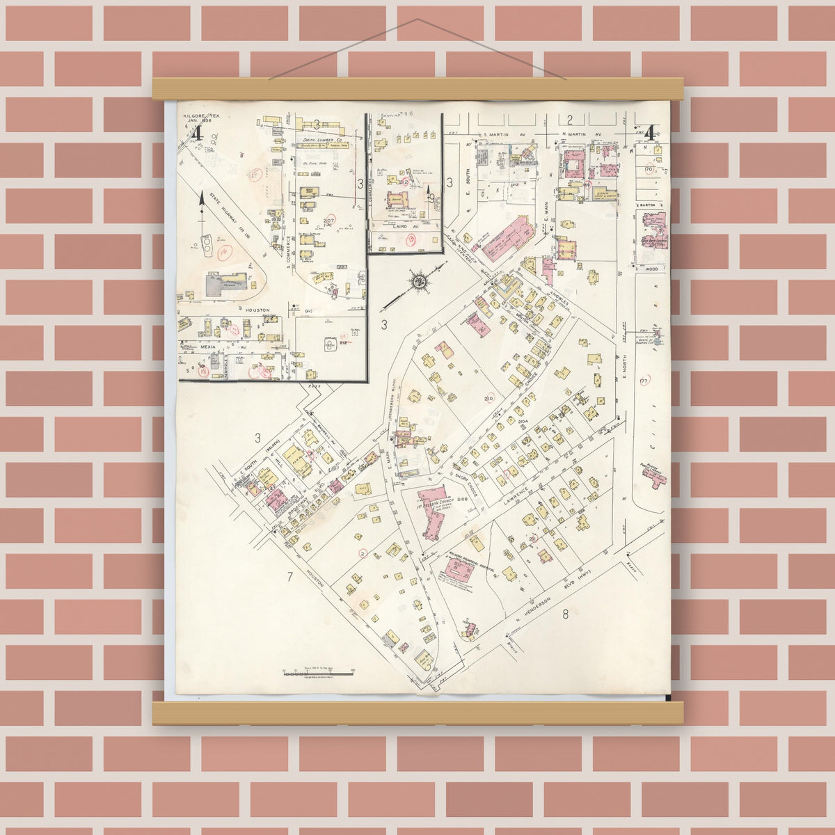 Old map wall art mockup — magnetic wood frame on brick wall — Sanborn Fire Insurance Map from Kilgore, Gregg County, Texas (1950), Sheet #0004