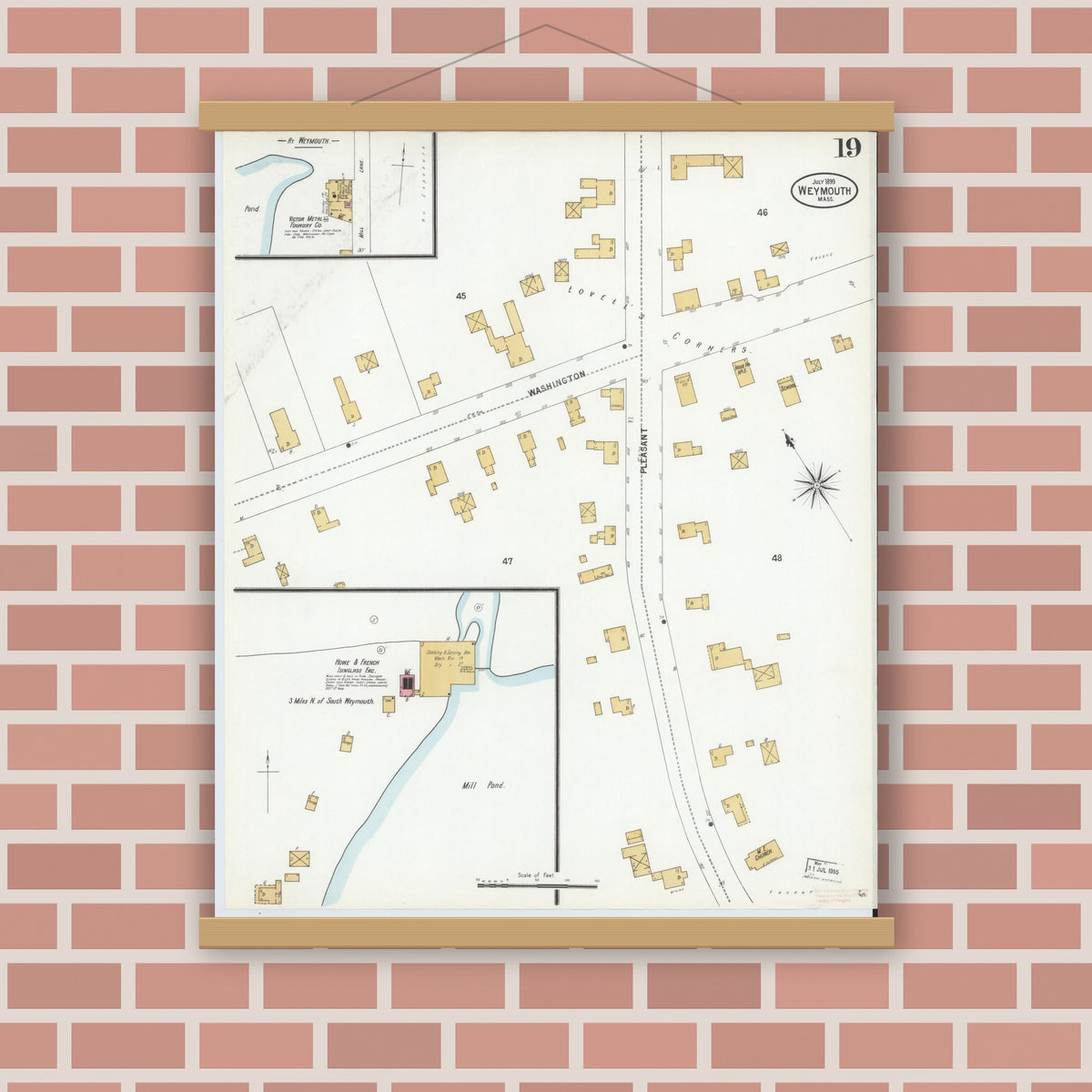 Old map wall art mockup — magnetic wood frame on brick wall — Sanborn Fire Insurance Map from Weymouth, Norfolk County, Massachusetts (1899), Sheet #0019