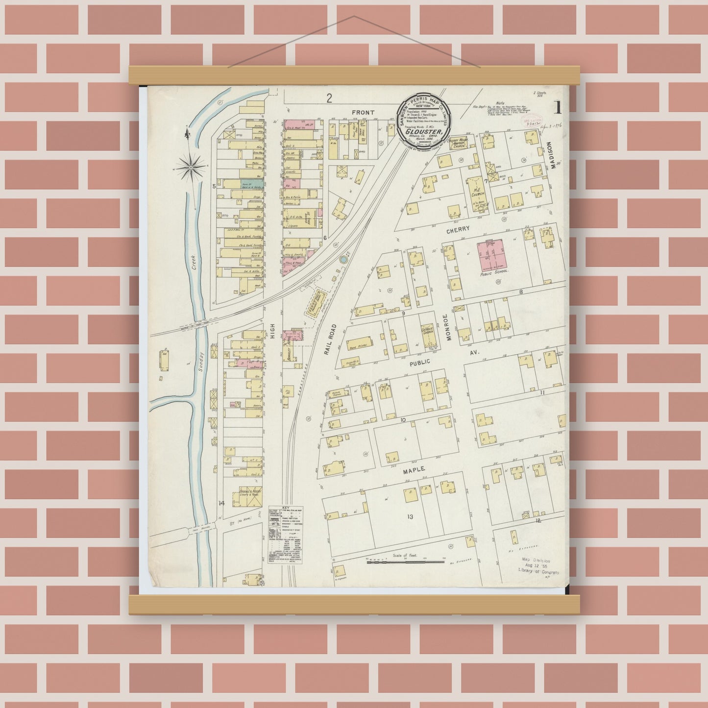 Old map wall art mockup — magnetic wood frame on brick wall — Sanborn Fire Insurance Map from Glouster, Athens County, Ohio (1896), Sheet #0001