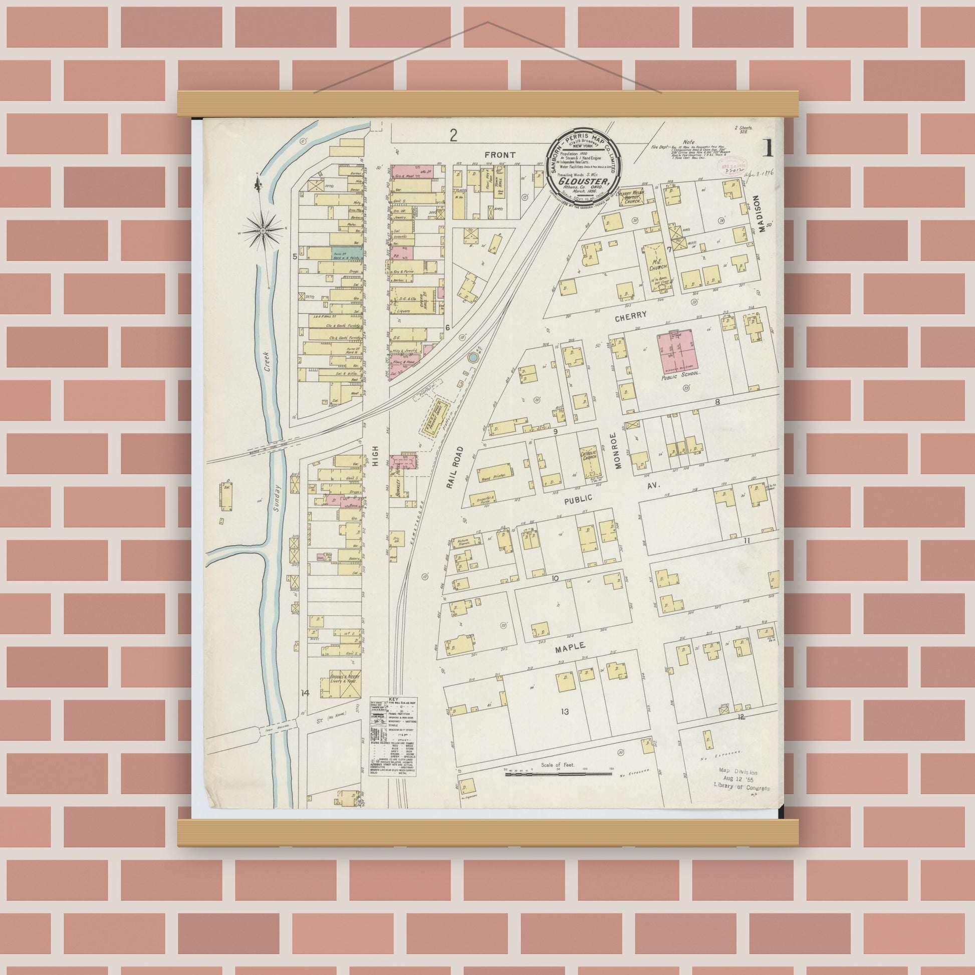 Old map wall art mockup — magnetic wood frame on brick wall — Sanborn Fire Insurance Map from Glouster, Athens County, Ohio (1896), Sheet #0001