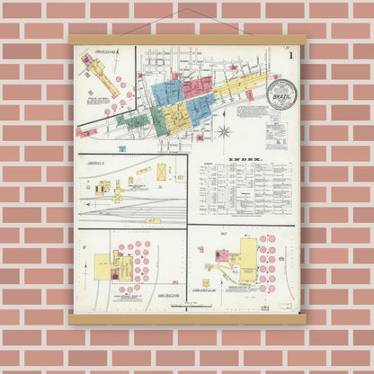Old map wall art mockup — magnetic wood frame on brick wall — Sanborn Fire Insurance Map from Brazil, Clay County, Indiana (1902) - Complete Map Set
