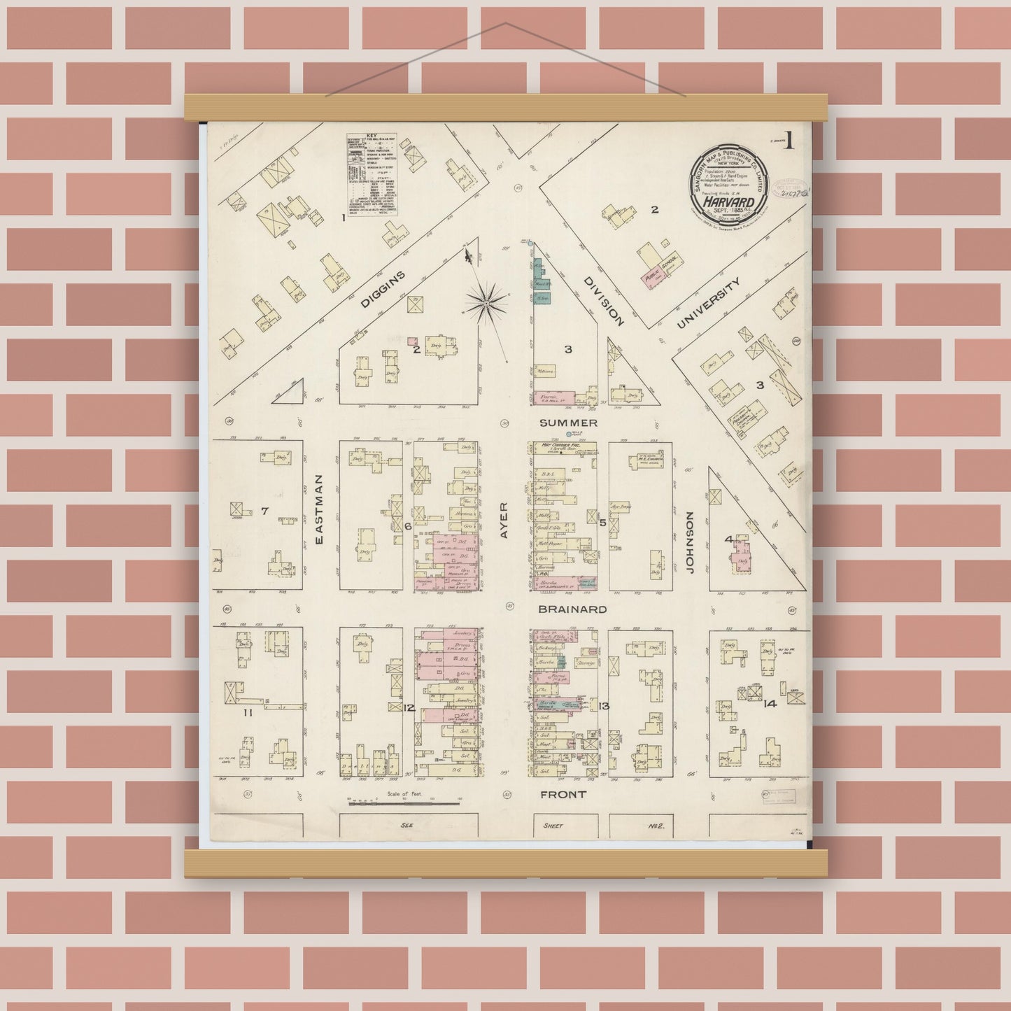 Old map wall art mockup — magnetic wood frame on brick wall — Sanborn Fire Insurance Map from Harvard, McHenry County, Illinois (1885), Sheet #0001
