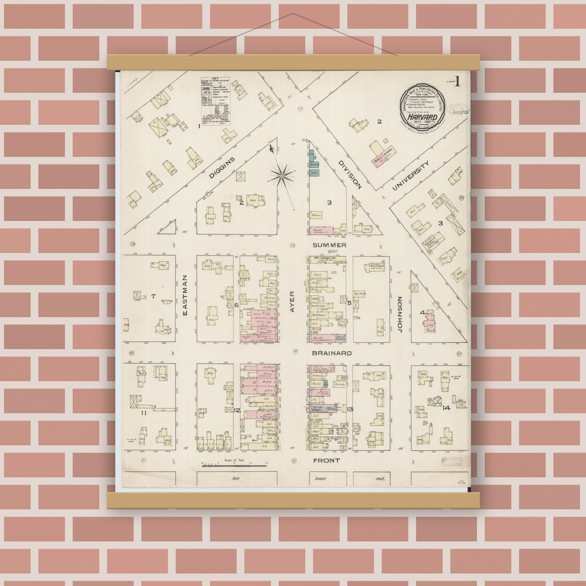 Old map wall art mockup — magnetic wood frame on brick wall — Sanborn Fire Insurance Map from Harvard, McHenry County, Illinois (1885), Sheet #0001