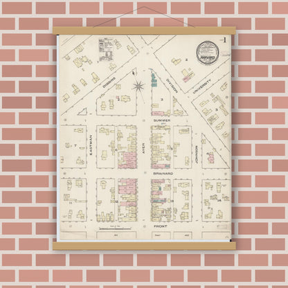 Old map wall art mockup — magnetic wood frame on brick wall — Sanborn Fire Insurance Map from Harvard, McHenry County, Illinois (1885), Sheet #0001